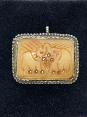 Tribal Double Carved Elephant Pendant Antique Silver Tone Boho Chic